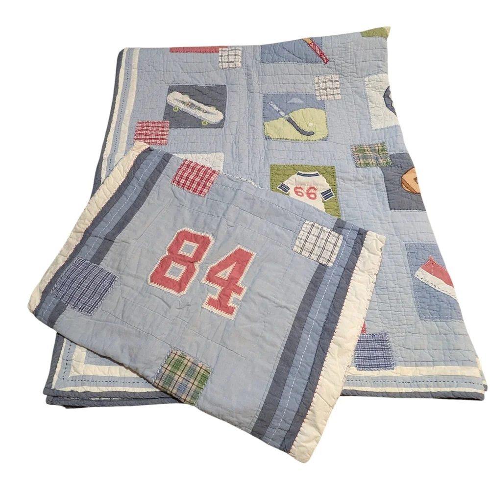 Pottery Barn Kids Sports Patchwork Reversible Twin Quilt & Sham